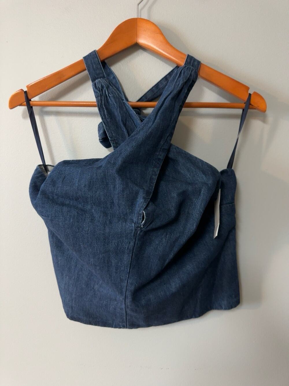 LOFT Denim Halter Crop Top Womenโs 12 Blue Tie Back Sleeveless NWT Chambray